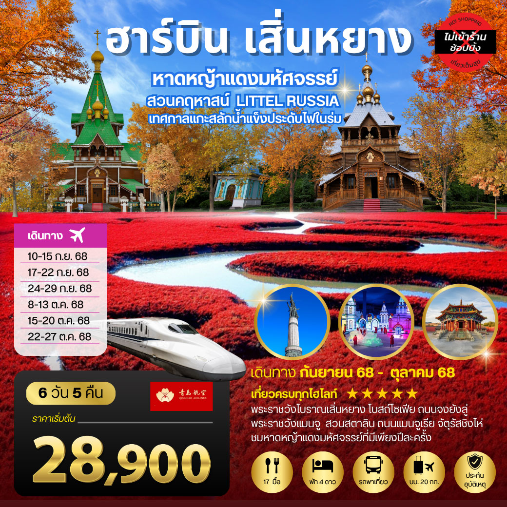 ทัวร์จีน ฮาร์บิน เสิ่นหยาง หาดหญ้าแดงมหัศจรรย์ สวนคฤหาสน์ LITTEL RUSSIA เทศกาลแกะสลักน้ำแข็งประดับไฟในร่ม 6วัน 5คืน (QW)
