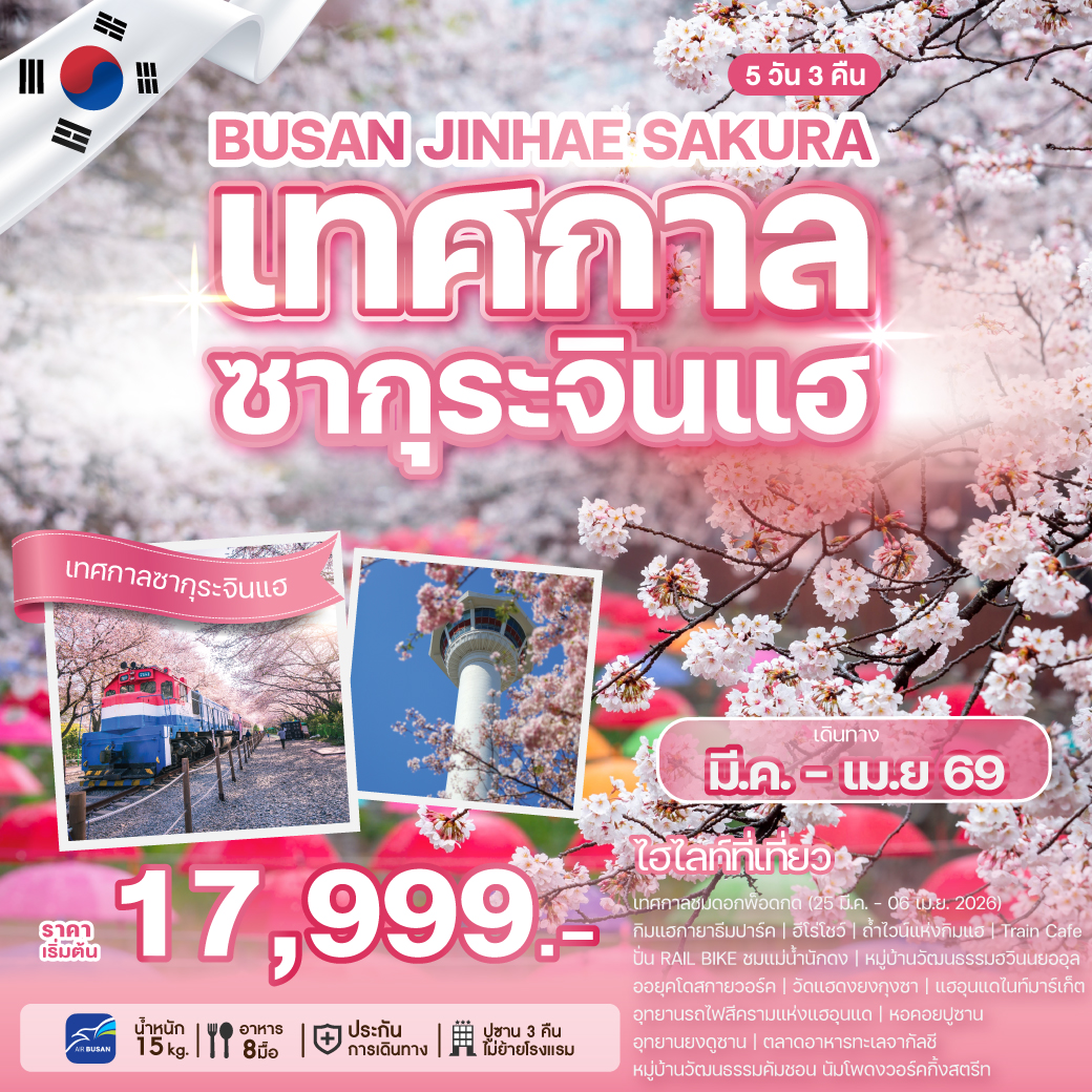 ทัวร์เกาหลี เทศกาลซากุระจินแฮ ปูซาน 5วัน 3คืน (BX)