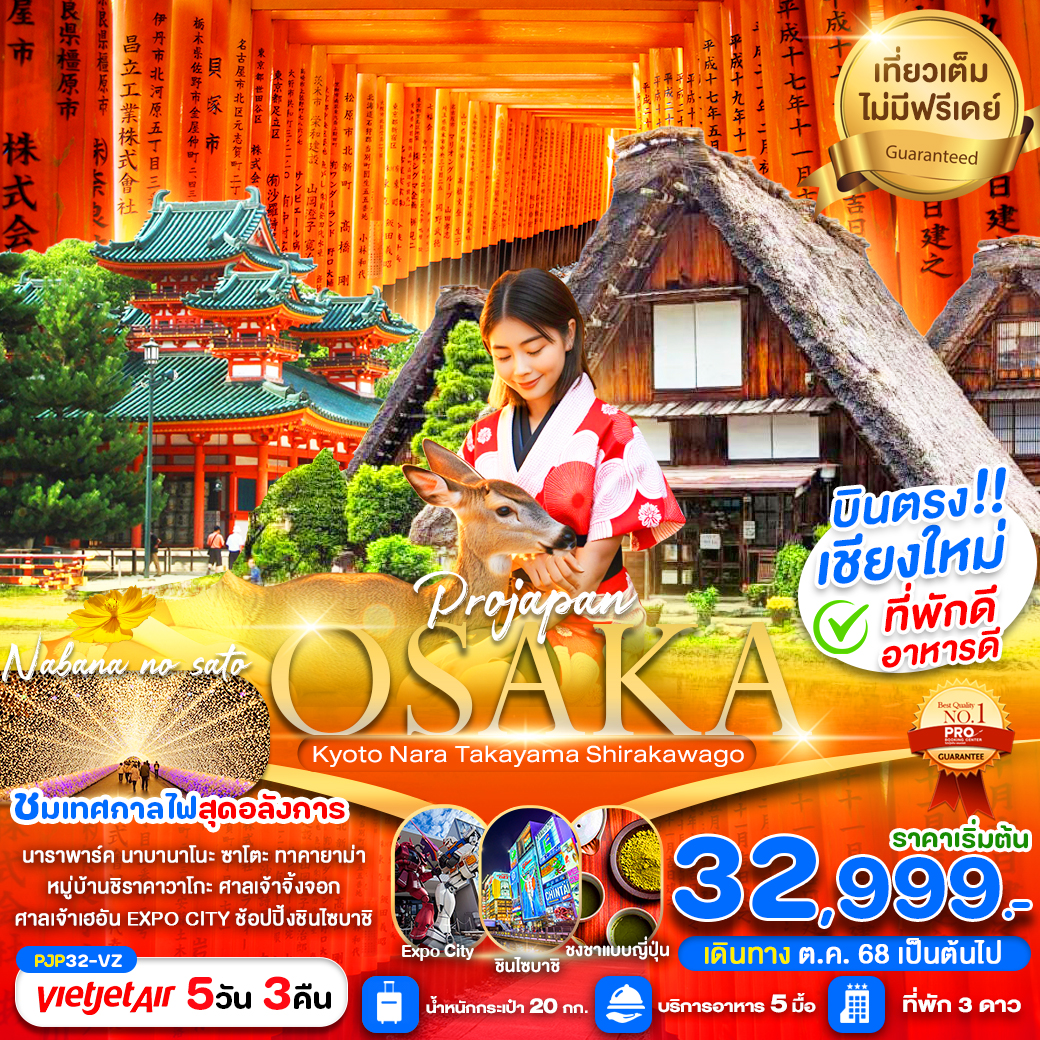 ทัวร์ญี่ปุ่น OSAKA KYOTO NARA TAKAYAMA SHIRAKAWAGO บินตรงเชีียงใหม่ 5วัน 3คืน (VZ)